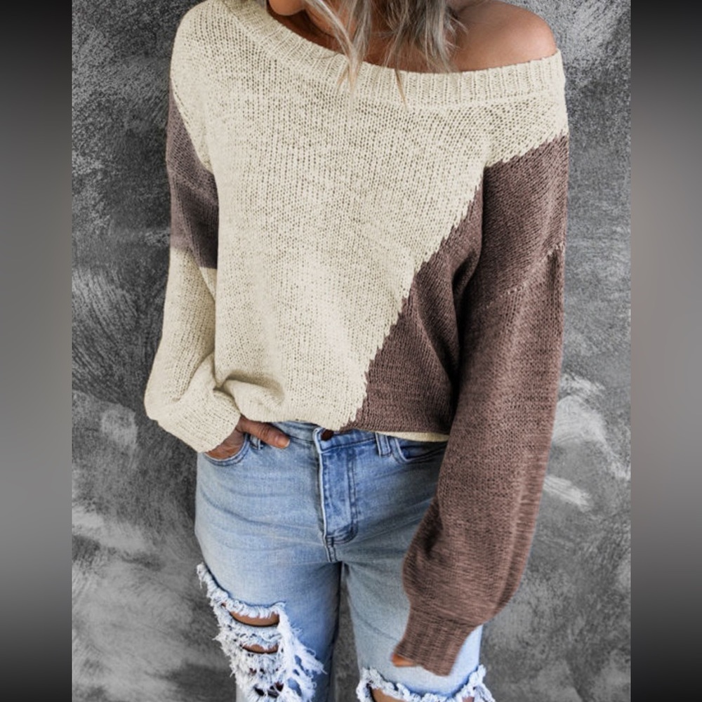 Long sleeve, brown & beige, wide crewneck  asymmetrical colorblock sweater. New